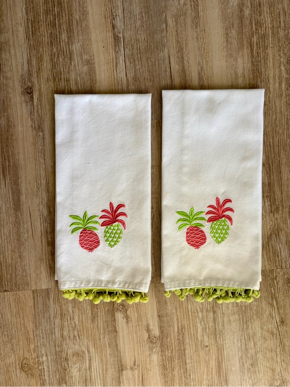 Pomegranate Pineapple Tea Towels Embroidered Pom Pom Trim